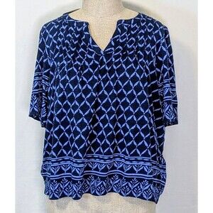 Wonderly Womens XXL Blue Geometric Print Cotton Blouse Short Sleeve NWT